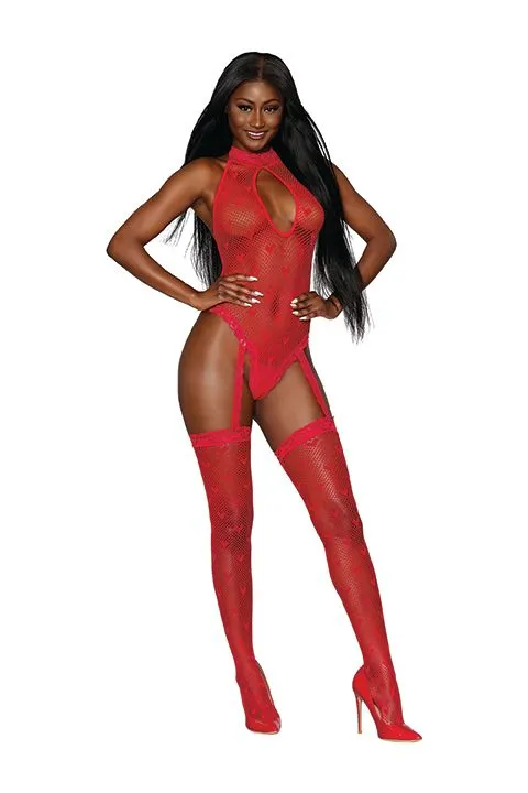 Anal Dream Girl Lingerie Seamless Heart Fishnet Bodystocking Lipstick Red Os