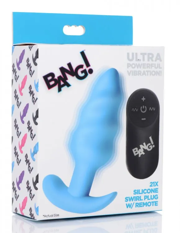 Bang! 21x Vibrating Silicone Swirl Butt Plug W/ Remote Blue | XR Brands Anal