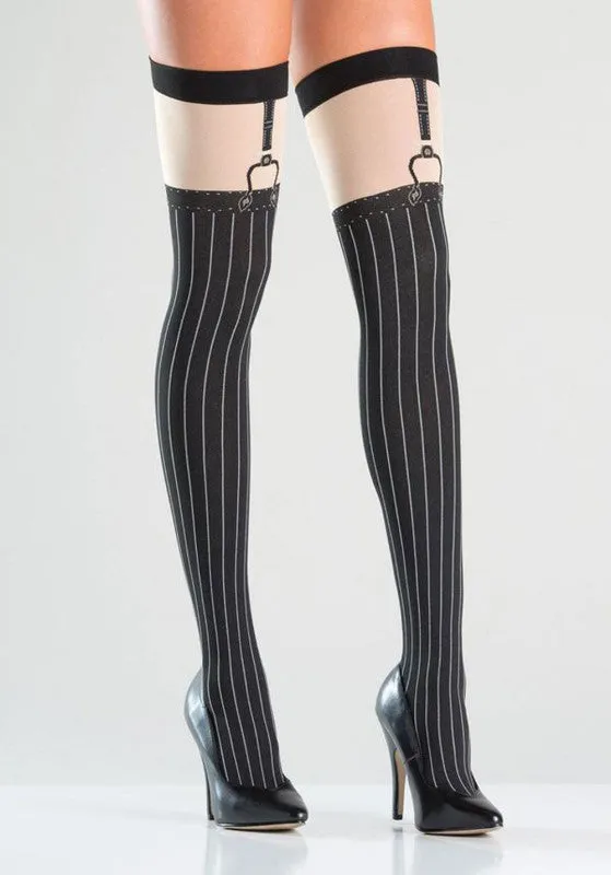 BeWicked Anal Opaque Faux Suspender Thigh Highs BlackNude With Pinstrip Design