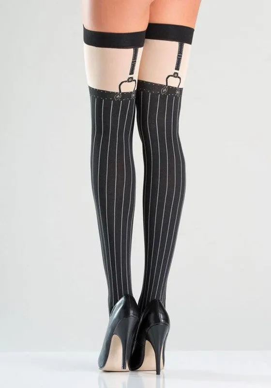 BeWicked Anal | Opaque Faux Suspender Thigh Highs - Black-Nude With Pinstrip Design