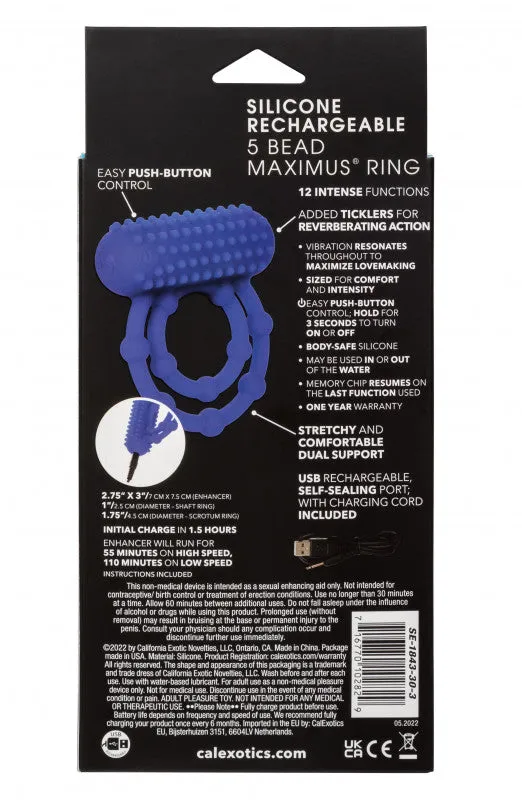 Silicone Rechargeable 10 Bead Maximus Ring - Blue | CalExotics Male Sex Toys