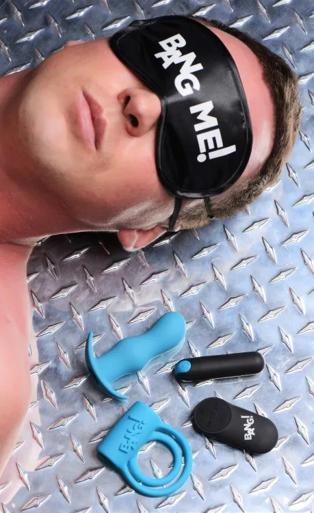 XR Brands Anal Bang Duo Blast C Ring Butt Plug Bullet Blindfold Kit Black