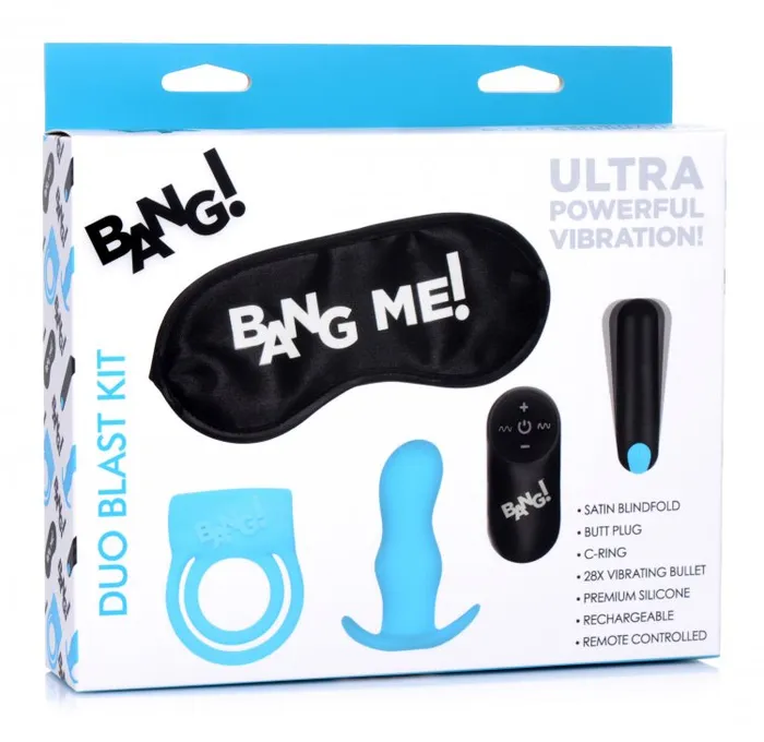 XR Brands Anal | Bang! Duo Blast C Ring Butt Plug Bullet & Blindfold Kit Black