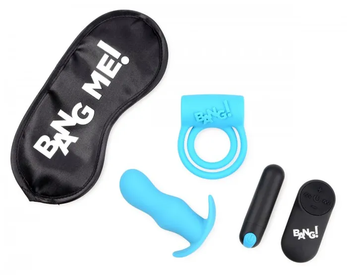 XR Brands Anal | Bang! Duo Blast C Ring Butt Plug Bullet & Blindfold Kit Black